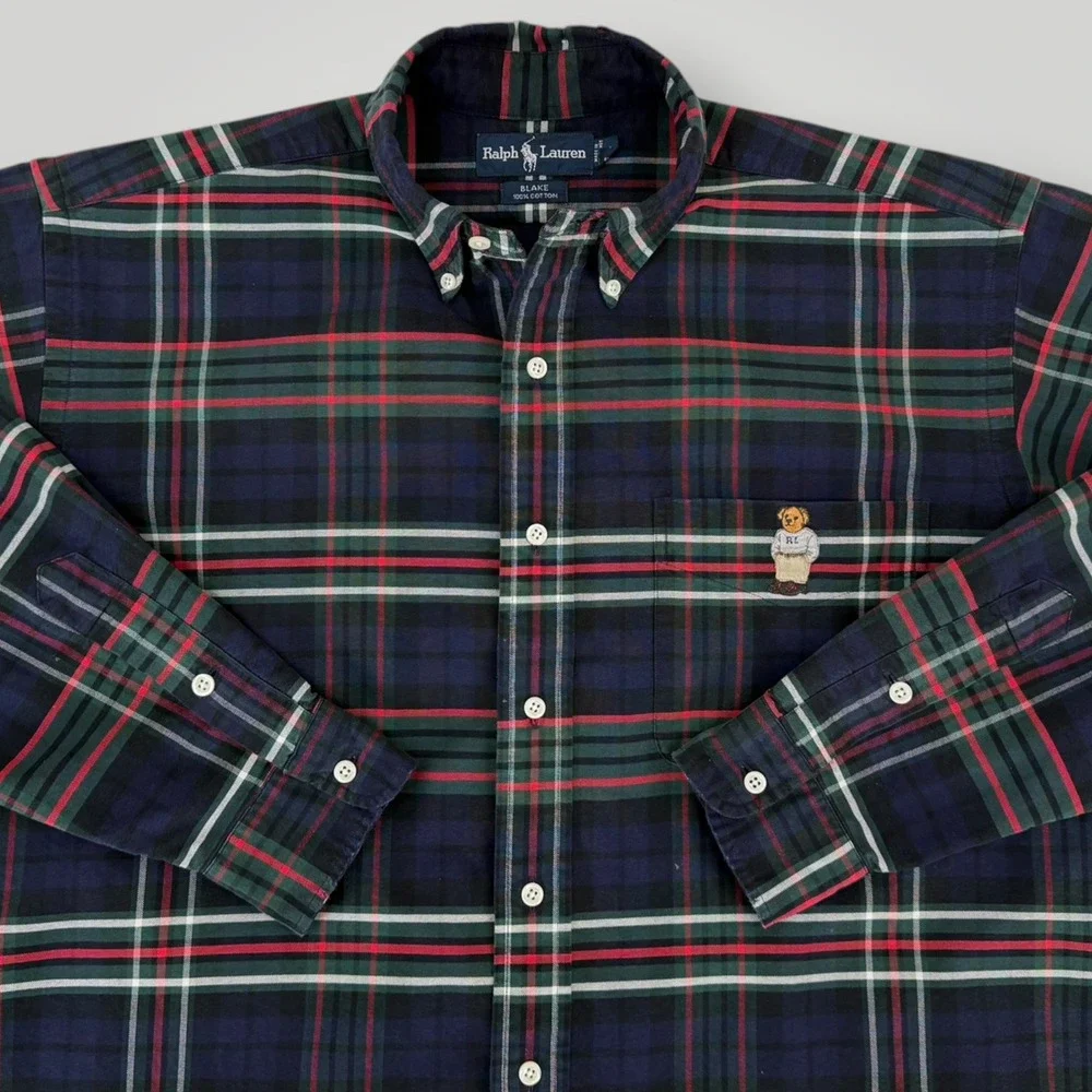 Ralph Lauren Polo Bear Plaid Shirt Mens Medium Blake Navy Green Red Button Down